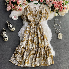 Dress for Women V-Neck Ruffles Lace-up Female Maxi Dresses Printing A-Line