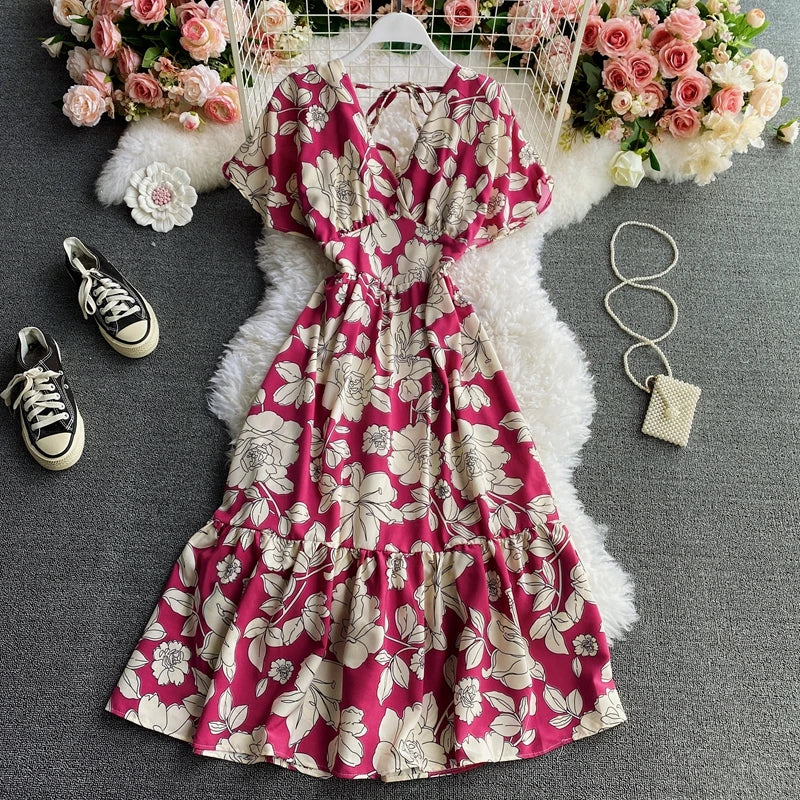 Dress for Women V-Neck Ruffles Lace-up Female Maxi Dresses Printing A-Line