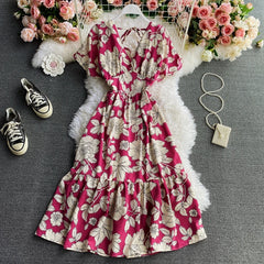 Dress for Women V-Neck Ruffles Lace-up Female Maxi Dresses Printing A-Line
