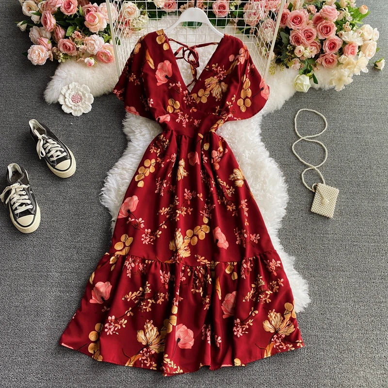 Dress for Women V-Neck Ruffles Lace-up Female Maxi Dresses Printing A-Line