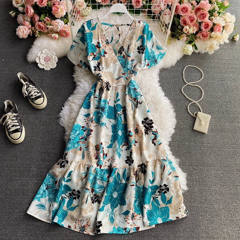 Dress for Women V-Neck Ruffles Lace-up Female Maxi Dresses Printing A-Line