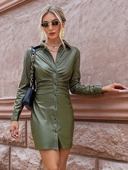 Dresses Shirt V-Neck Buttons Long Sleeves Stretch Midi Dress