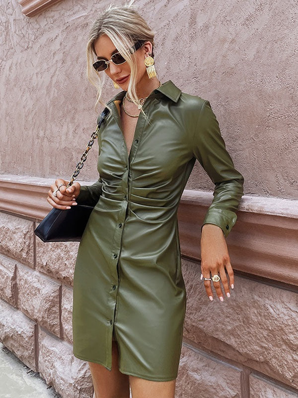 Dresses Shirt V-Neck Buttons Long Sleeves Stretch Midi Dress