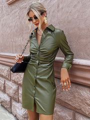 Dresses Shirt V-Neck Buttons Long Sleeves Stretch Midi Dress