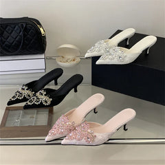 Spring Silk Crystal Pointed Toe Slippers Thin Low Heel