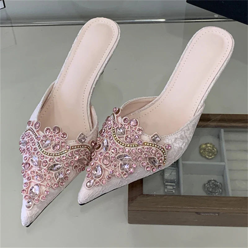 Spring Silk Crystal Pointed Toe Slippers Thin Low Heel
