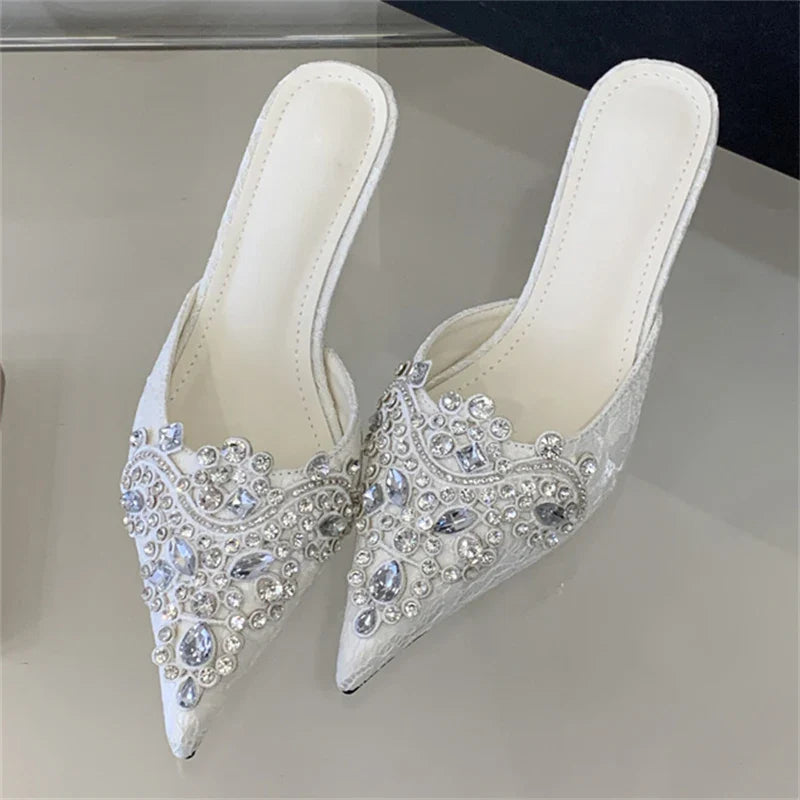 Spring Silk Crystal Pointed Toe Slippers Thin Low Heel