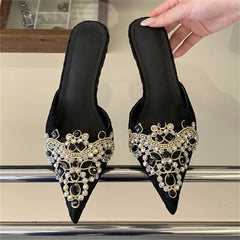 Spring Silk Crystal Pointed Toe Slippers Thin Low Heel