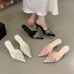 Spring Silk Crystal Pointed Toe Slippers Thin Low Heel