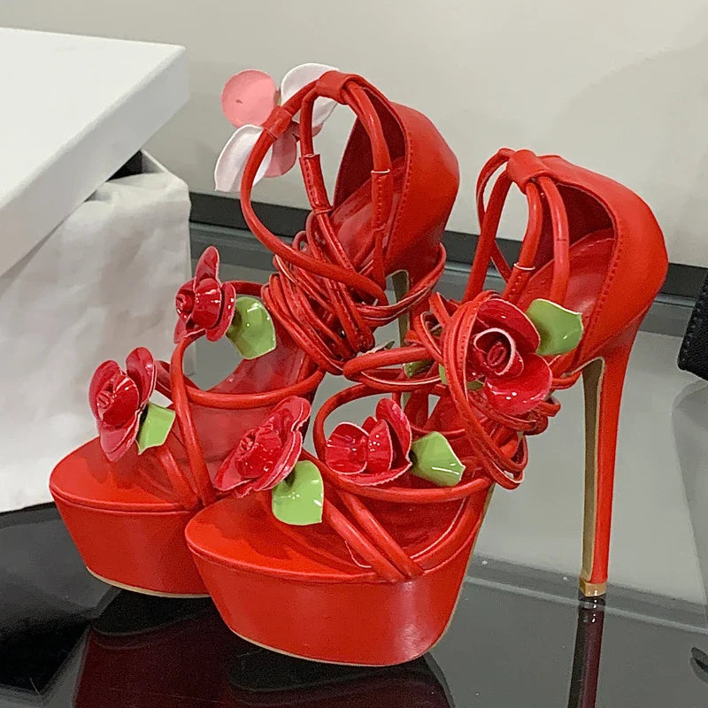 Flower Ankle Cross-strap Platform Sandals Street Style Thin High Heel