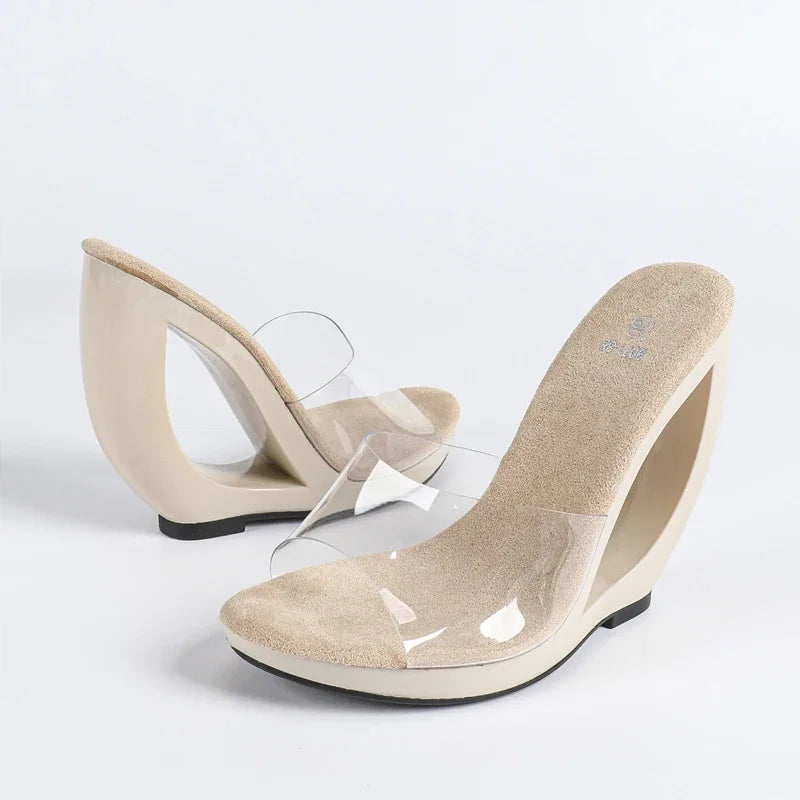 Big Size 43 PVC Transparent Open Toe Slippers Elegant Fretwork High Heel