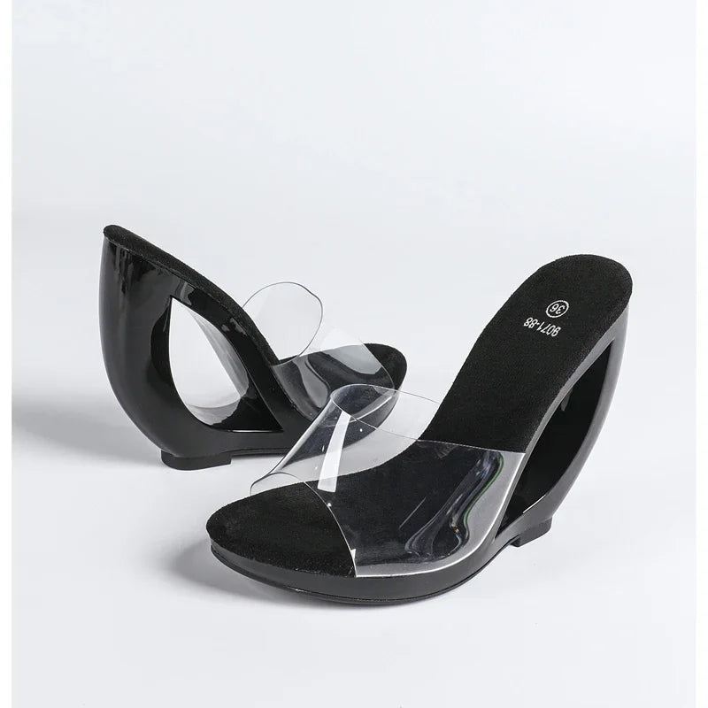 Big Size 43 PVC Transparent Open Toe Slippers Elegant Fretwork High Heel