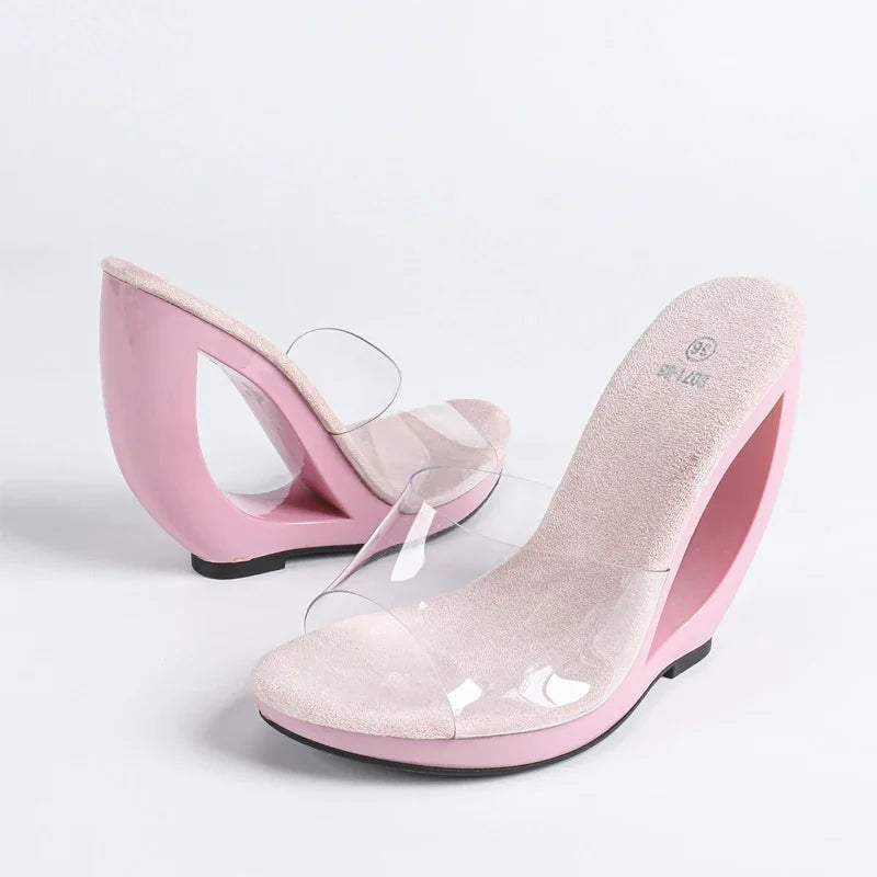 Big Size 43 PVC Transparent Open Toe Slippers Elegant Fretwork High Heel