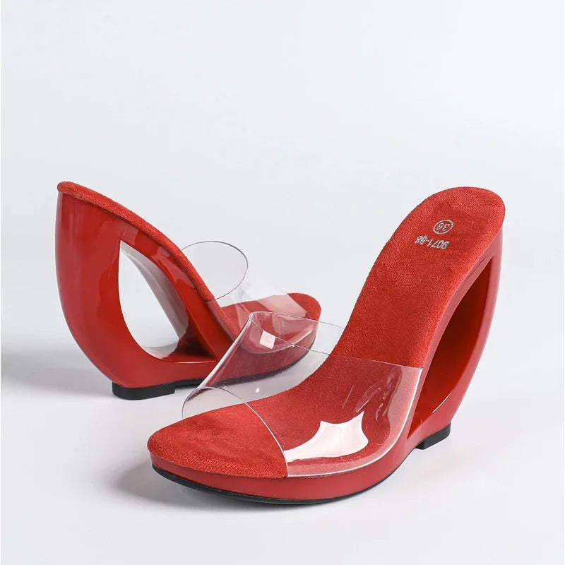 Big Size 43 PVC Transparent Open Toe Slippers Elegant Fretwork High Heel