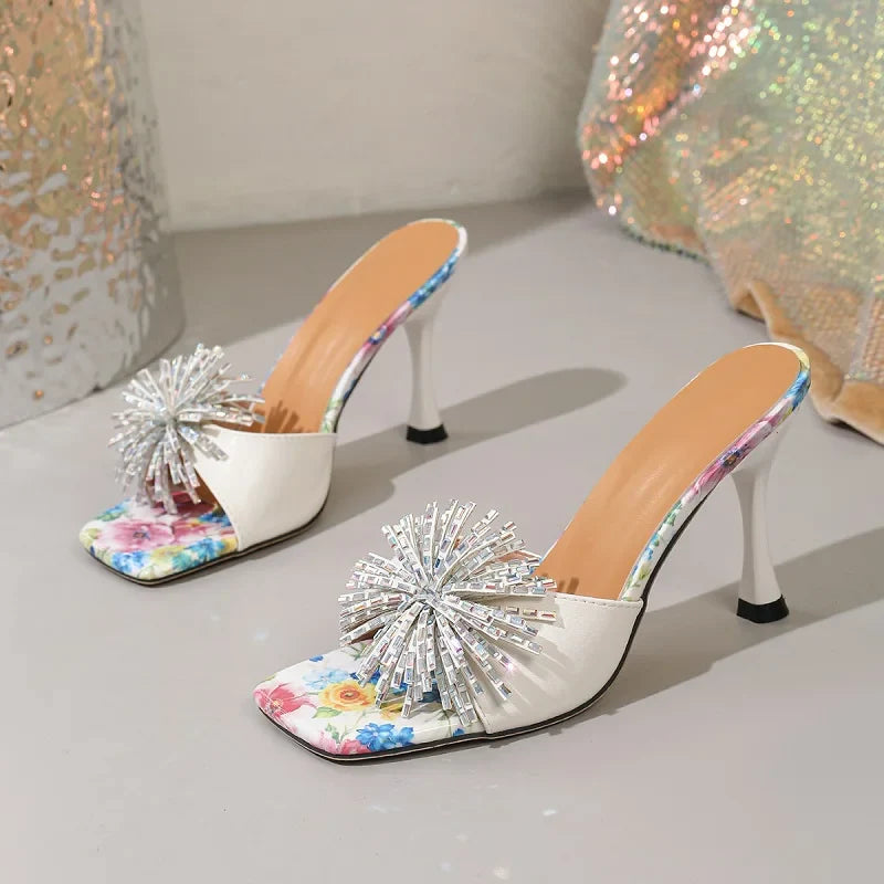 CRYSTAL Diamond Square Toe Slippers Printing Thin High Heel