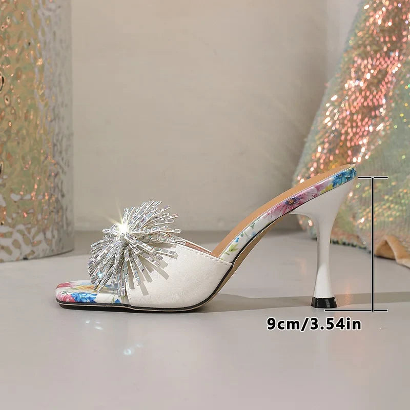 CRYSTAL Diamond Square Toe Slippers Printing Thin High Heel