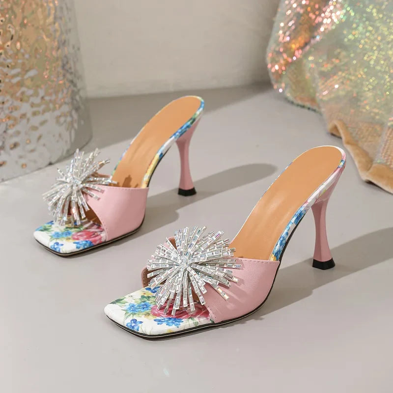 CRYSTAL Diamond Square Toe Slippers Printing Thin High Heel