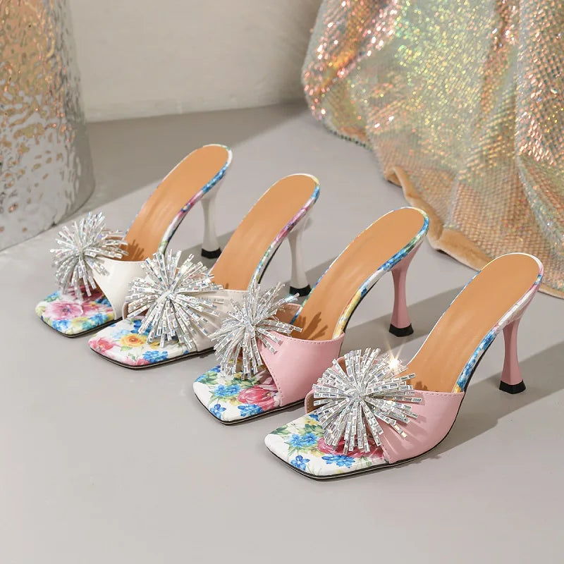 CRYSTAL Diamond Square Toe Slippers Printing Thin High Heel