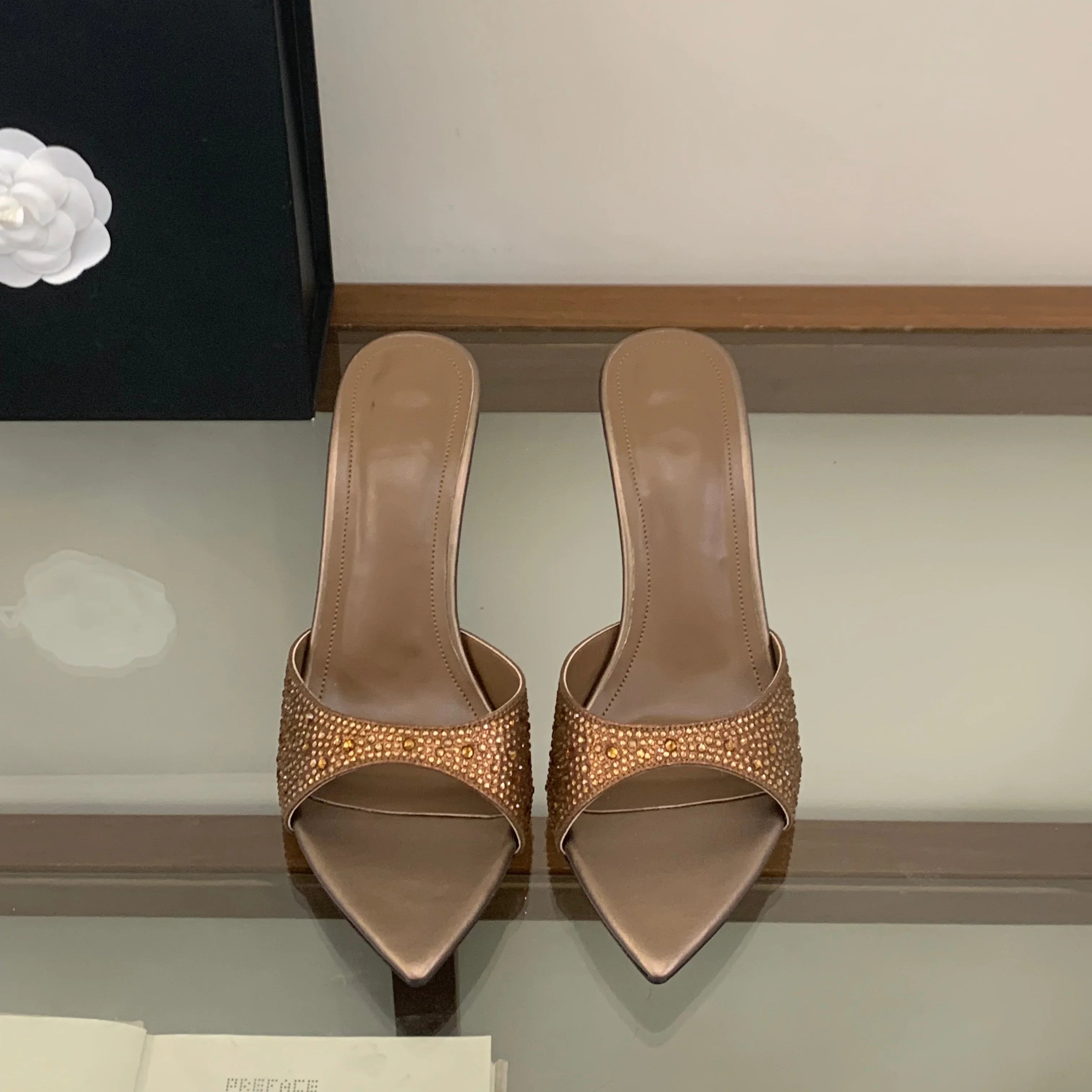 CRYSTAL Diamonds Pointed Toe Slippers Thin High Heel