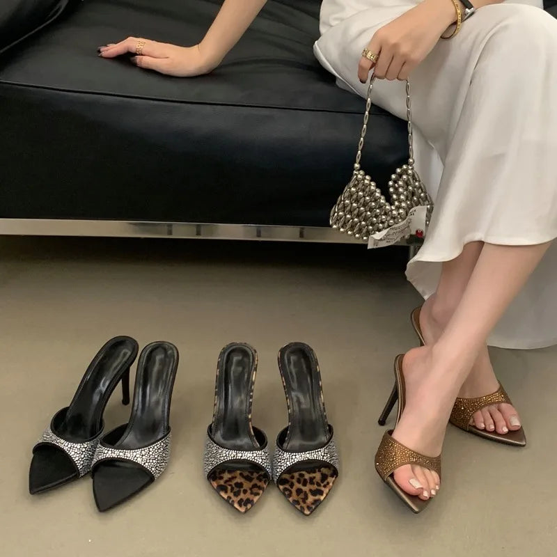 CRYSTAL Diamonds Pointed Toe Slippers Thin High Heel