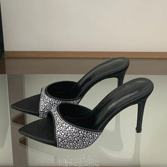 CRYSTAL Diamonds Pointed Toe Slippers Thin High Heel