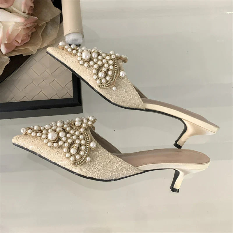 Comfortable Design String Beads Pointed Toe Mules Slippers Thin Low Heel