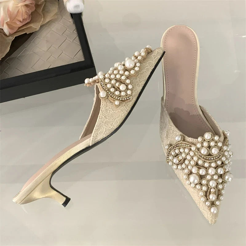 Comfortable Design String Beads Pointed Toe Mules Slippers Thin Low Heel