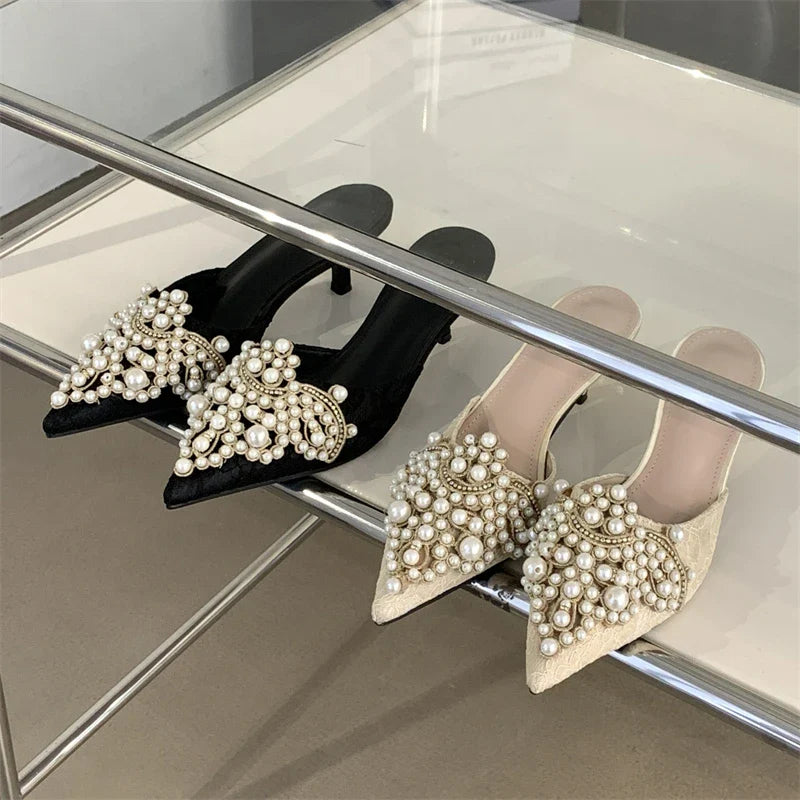 Comfortable Design String Beads Pointed Toe Mules Slippers Thin Low Heel