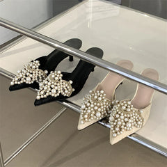 Comfortable Design String Beads Pointed Toe Mules Slippers Thin Low Heel