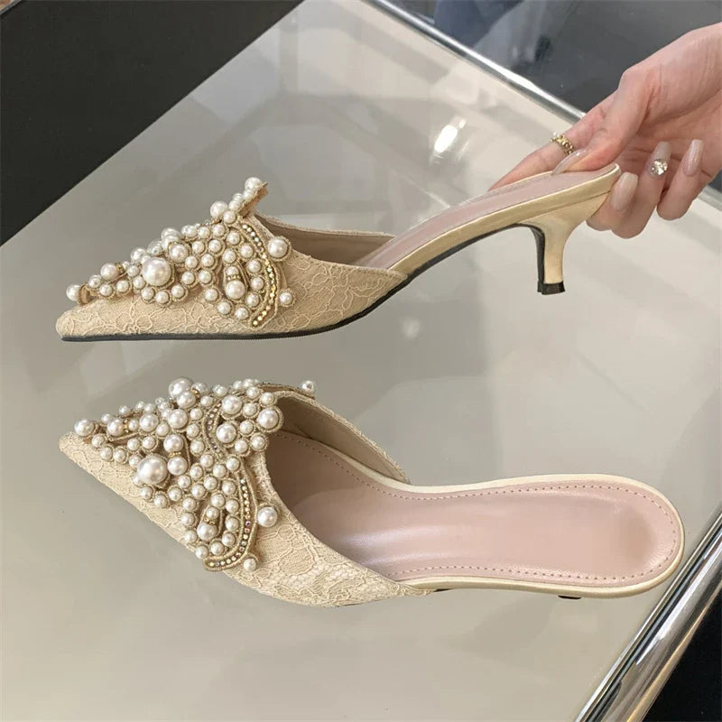 Comfortable Design String Beads Pointed Toe Mules Slippers Thin Low Heel