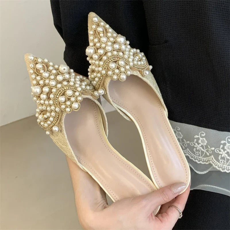 Comfortable Design String Beads Pointed Toe Mules Slippers Thin Low Heel