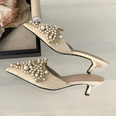 Comfortable Design String Beads Pointed Toe Mules Slippers Thin Low Heel