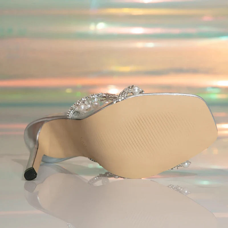 Crystal Diamond String Beads Open Toe Slippers Thin High Heel