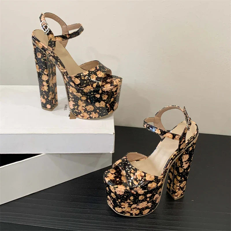 Design Style Pattern Totem Peep Toe Buckle Strap Sandals Platform Square High Heel