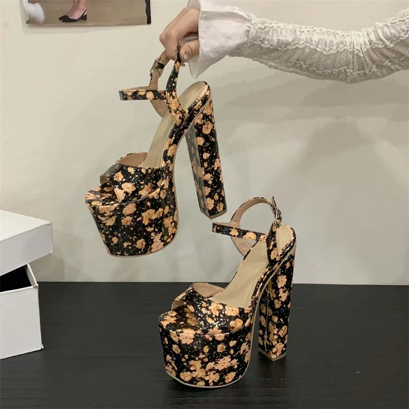 Design Style Pattern Totem Peep Toe Buckle Strap Sandals Platform Square High Heel