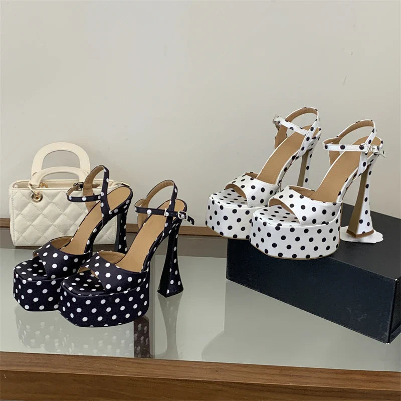 Design Style Polka Dot Square Toe Buckle Strap Sandals Platform High Heel