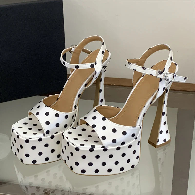 Design Style Polka Dot Square Toe Buckle Strap Sandals Platform High Heel