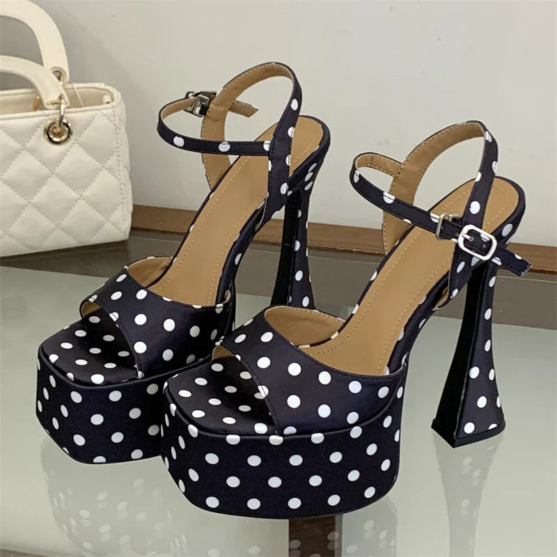 Design Style Polka Dot Square Toe Buckle Strap Sandals Platform High Heel