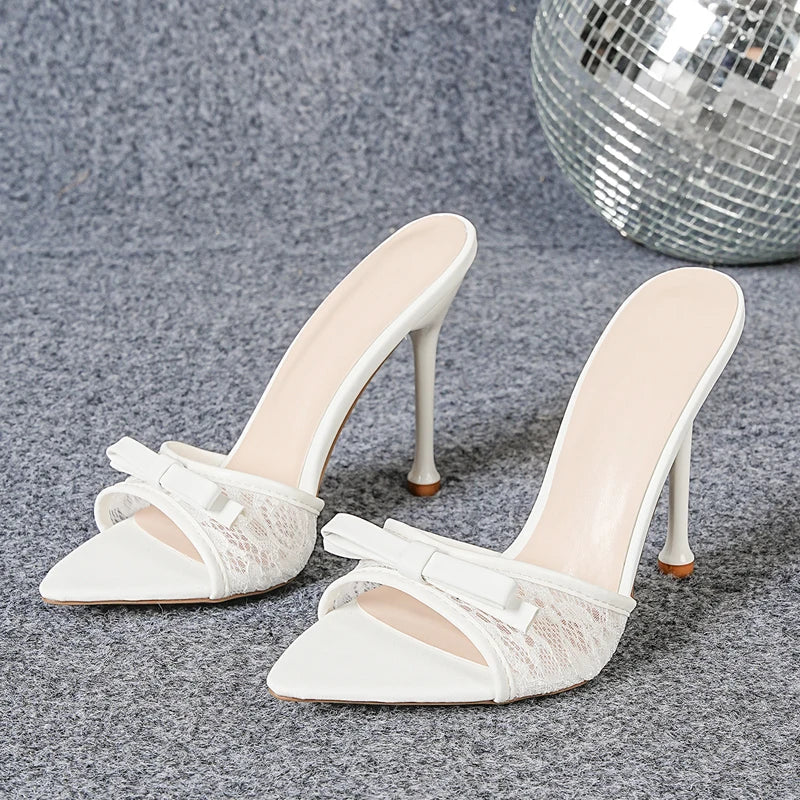 Designer Bowknot Mesh Hollow Out Pointed Toe Slippers Elegant Thin High Heel