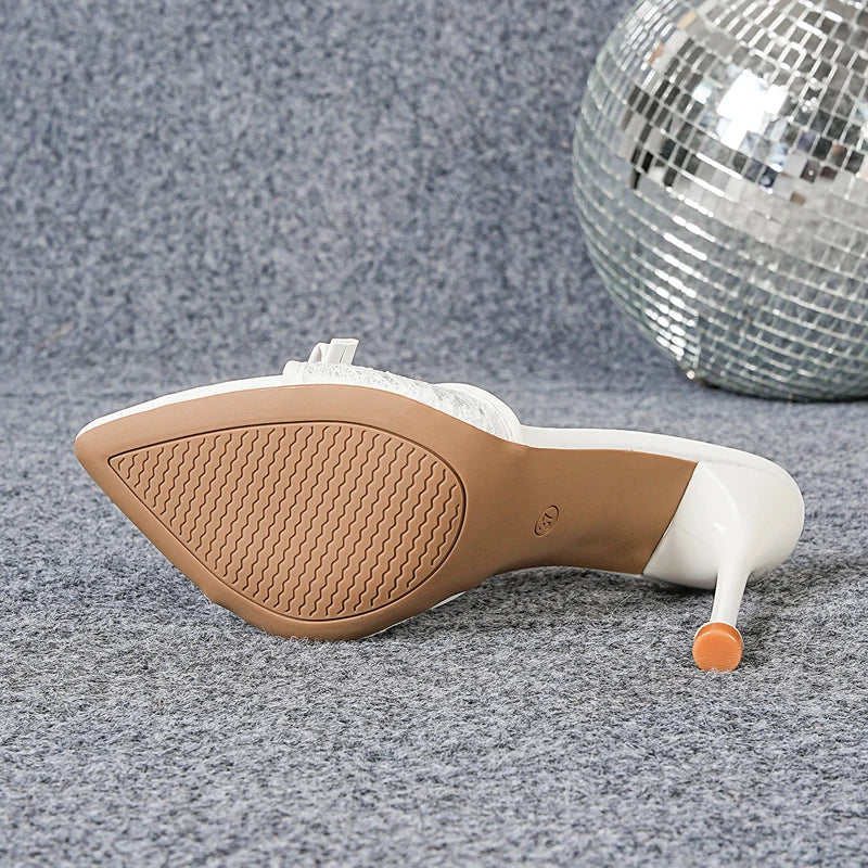 Designer Bowknot Mesh Hollow Out Pointed Toe Slippers Elegant Thin High Heel