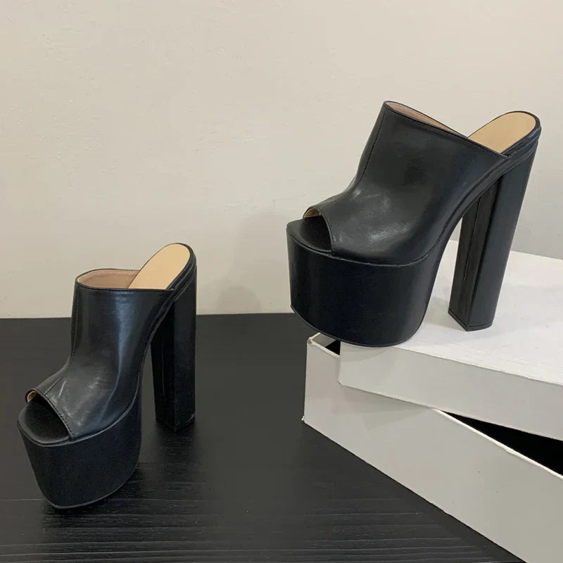 Designer Leopard Print Thick Platform Peep Toe Slippers Street Style Super Square High Heel