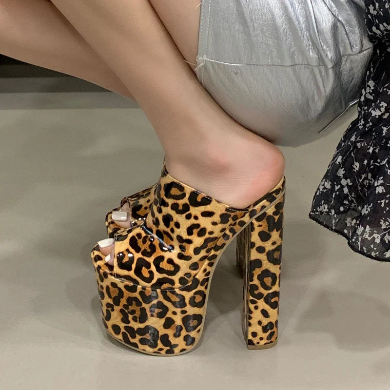 Designer Leopard Print Thick Platform Peep Toe Slippers Street Style Super Square High Heel