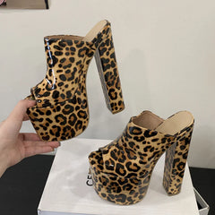Designer Leopard Print Thick Platform Peep Toe Slippers Street Style Super Square High Heel