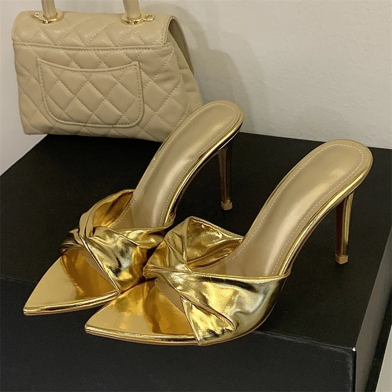 Designer Pleated Pointed Toe Slippers Thin High Heel