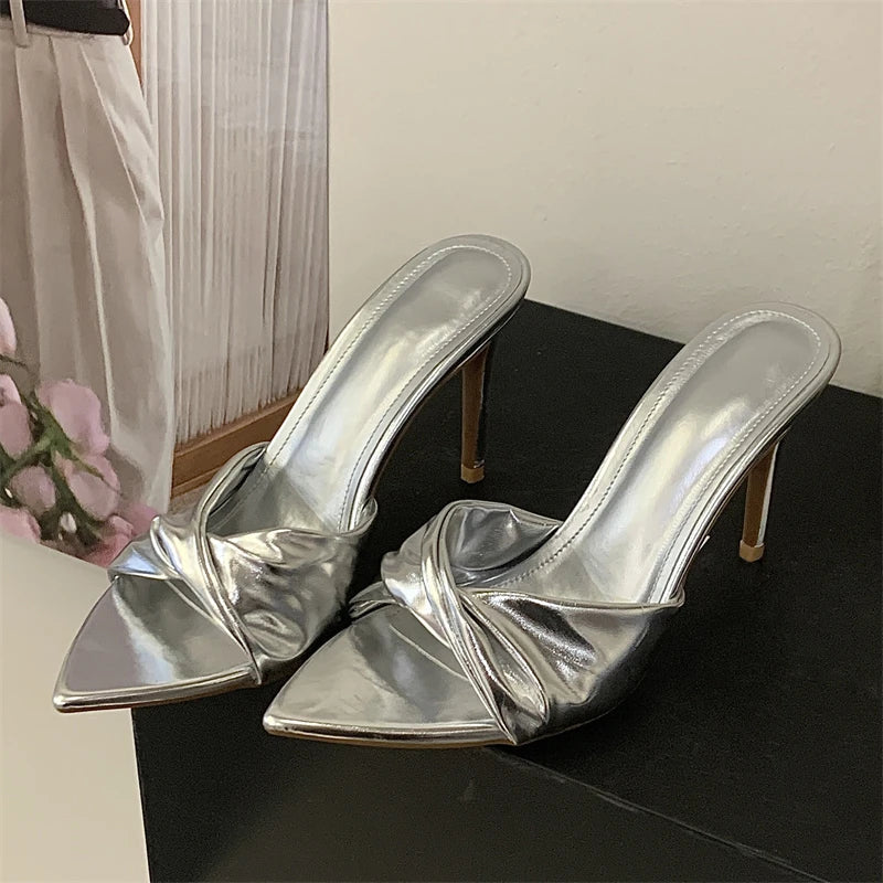 Designer Pleated Pointed Toe Slippers Thin High Heel