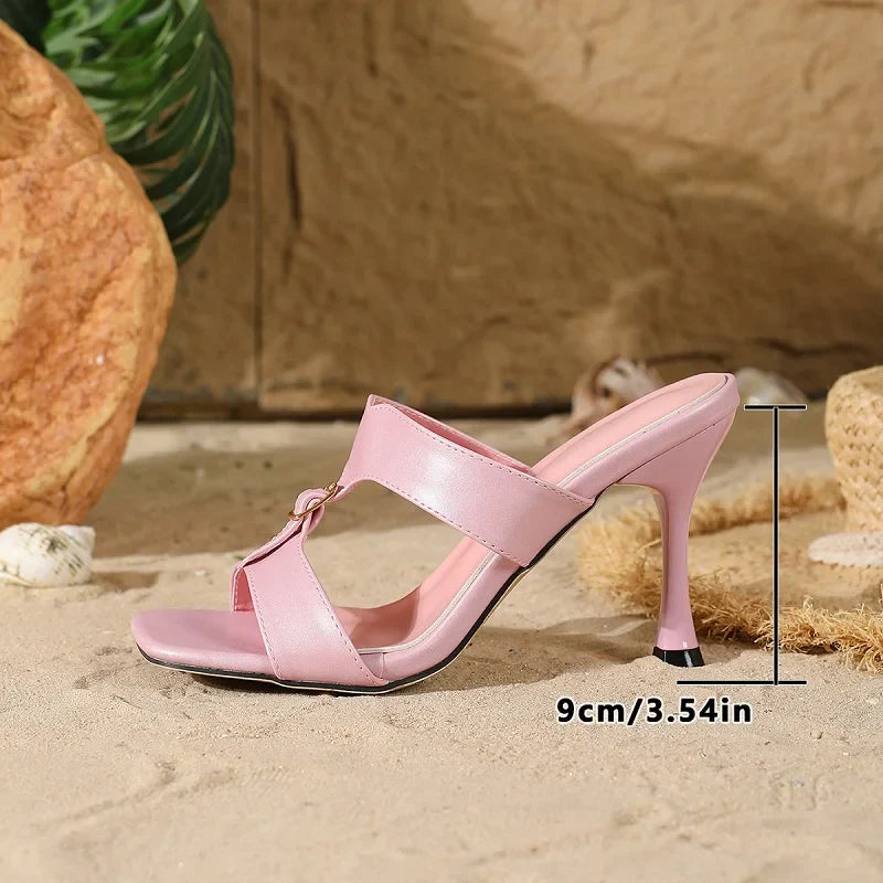 Designer Square Buckle Open Toe Slippers Elegant Thin High Heel