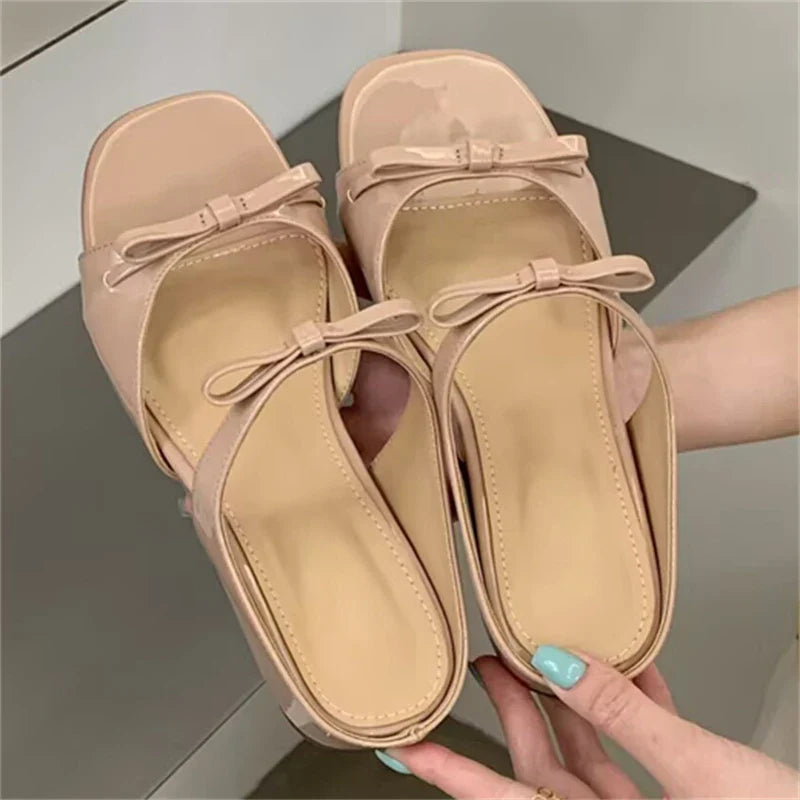 Butterfly-knot Square Toe Slippers Low Heel