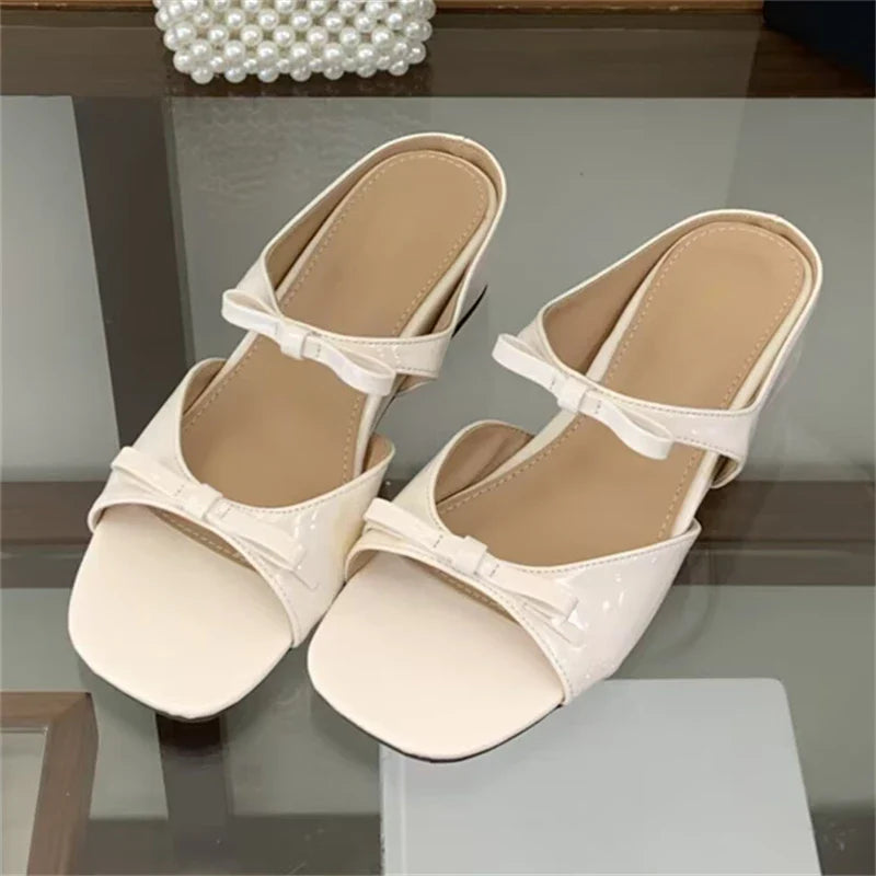 Butterfly-knot Square Toe Slippers Low Heel