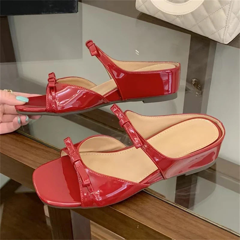 Butterfly-knot Square Toe Slippers Low Heel