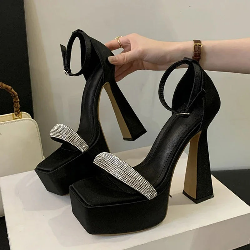 CRYSTAL Buckle Strap Open Toe Sandals Platform High Heel